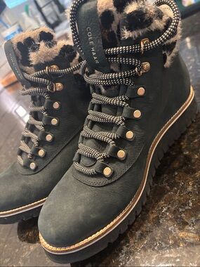 Cole Haan Black Lace-Up Hiker Boots with Leopard Fur Trim